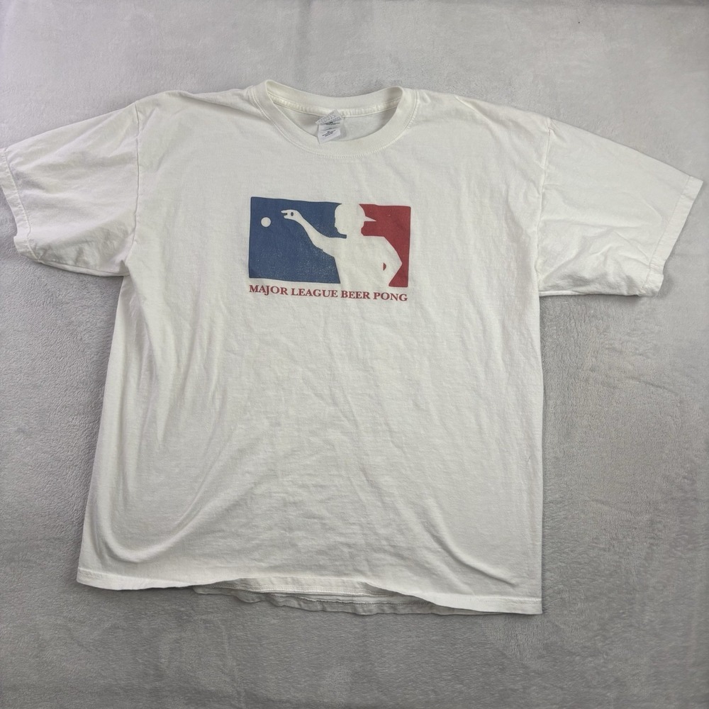 VTG Gildan Major League Beer Pong Parody White Short Sleeve Graphic Shirt XL MLB